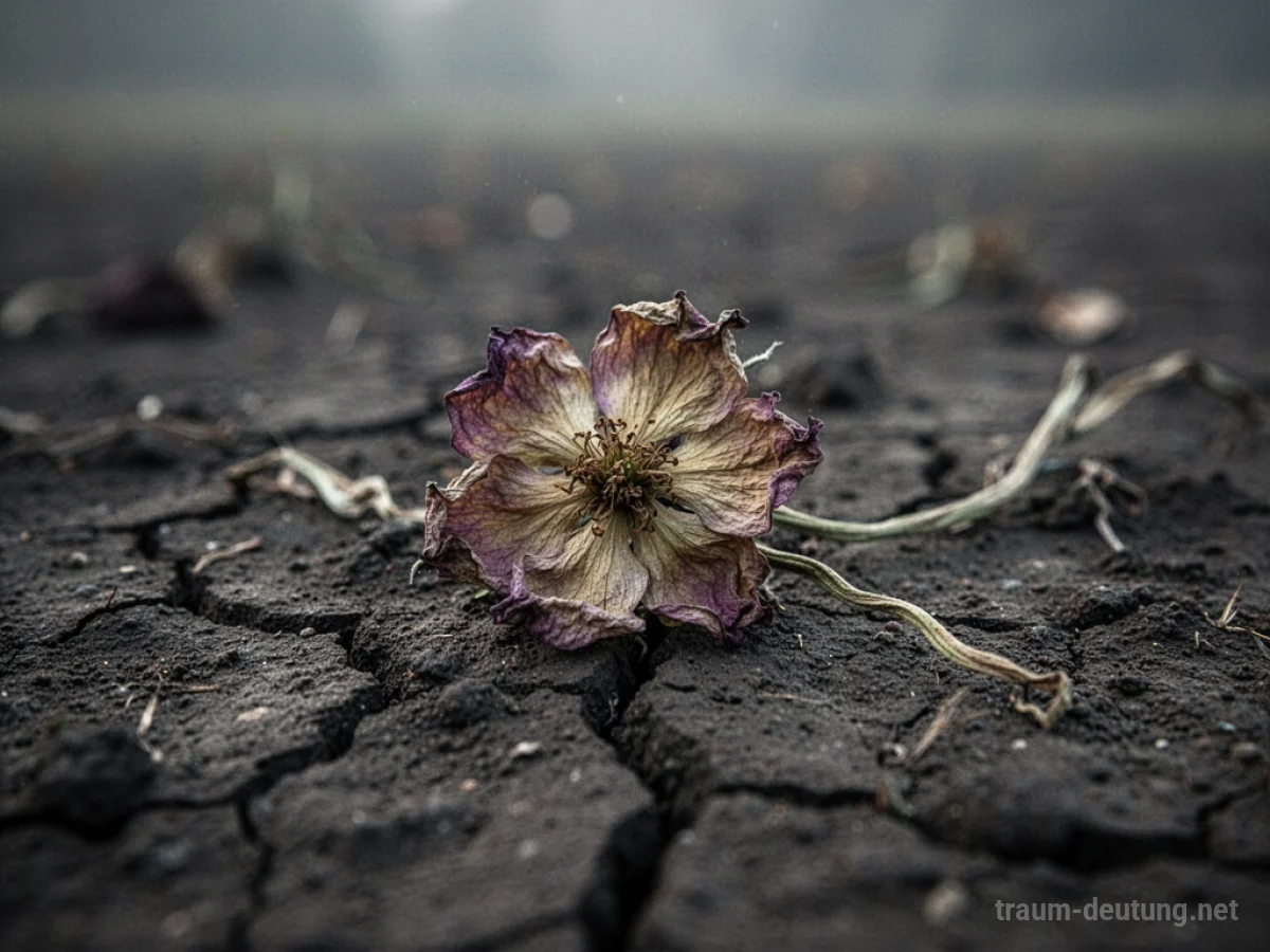 Eine verwelkte Blume auf rissiger Erde, die das Verlieren eines Wunders im Traum symbolisiert.