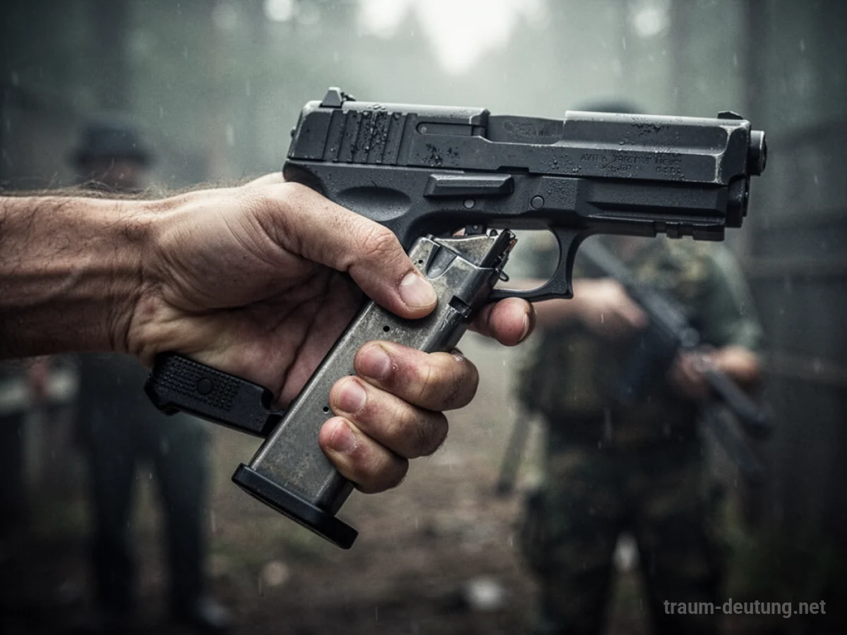 Hand lädt eine Schusswaffe in einem diffusen, spannungsgeladenen Umfeld.