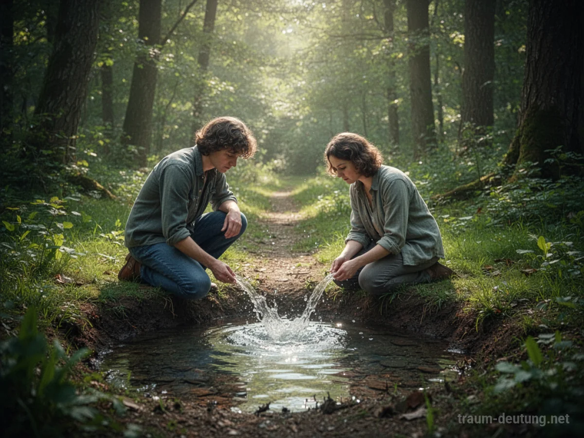 Eine Person findet eine klare Wasserquelle im Wald.