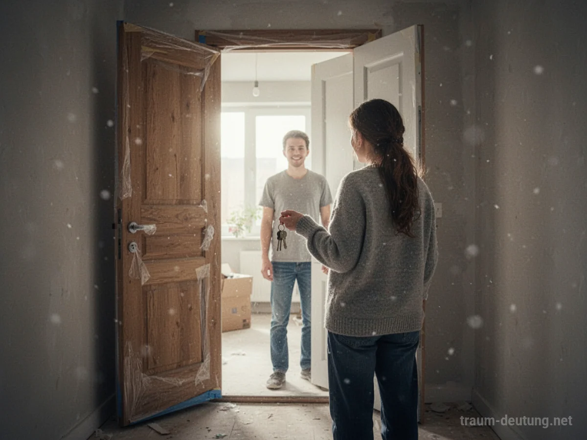 Hand hält Schlüssel vor der Tür einer neuen Wohnung, die einen hellen Innenraum zeigt.
