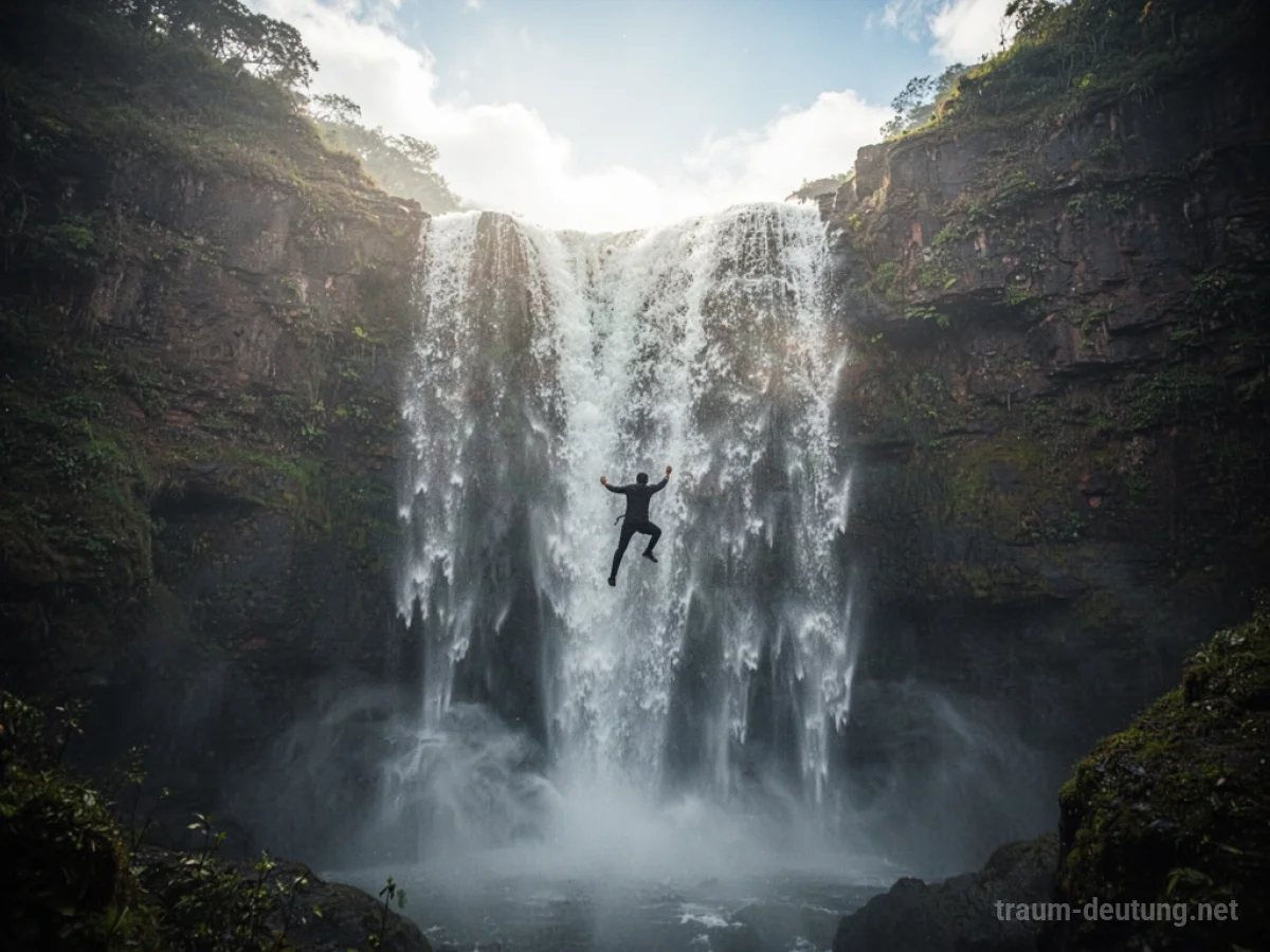 Silhouette einer Person, die einen Wasserfall hochklettert.