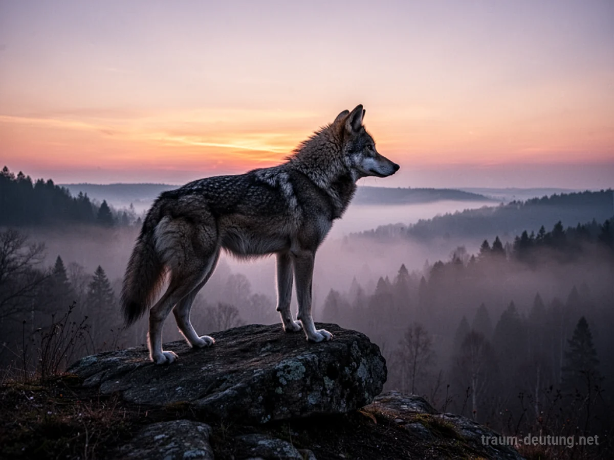 Wolfshund-Silhouette auf einem Felsen mit Blick ins Nebeltal