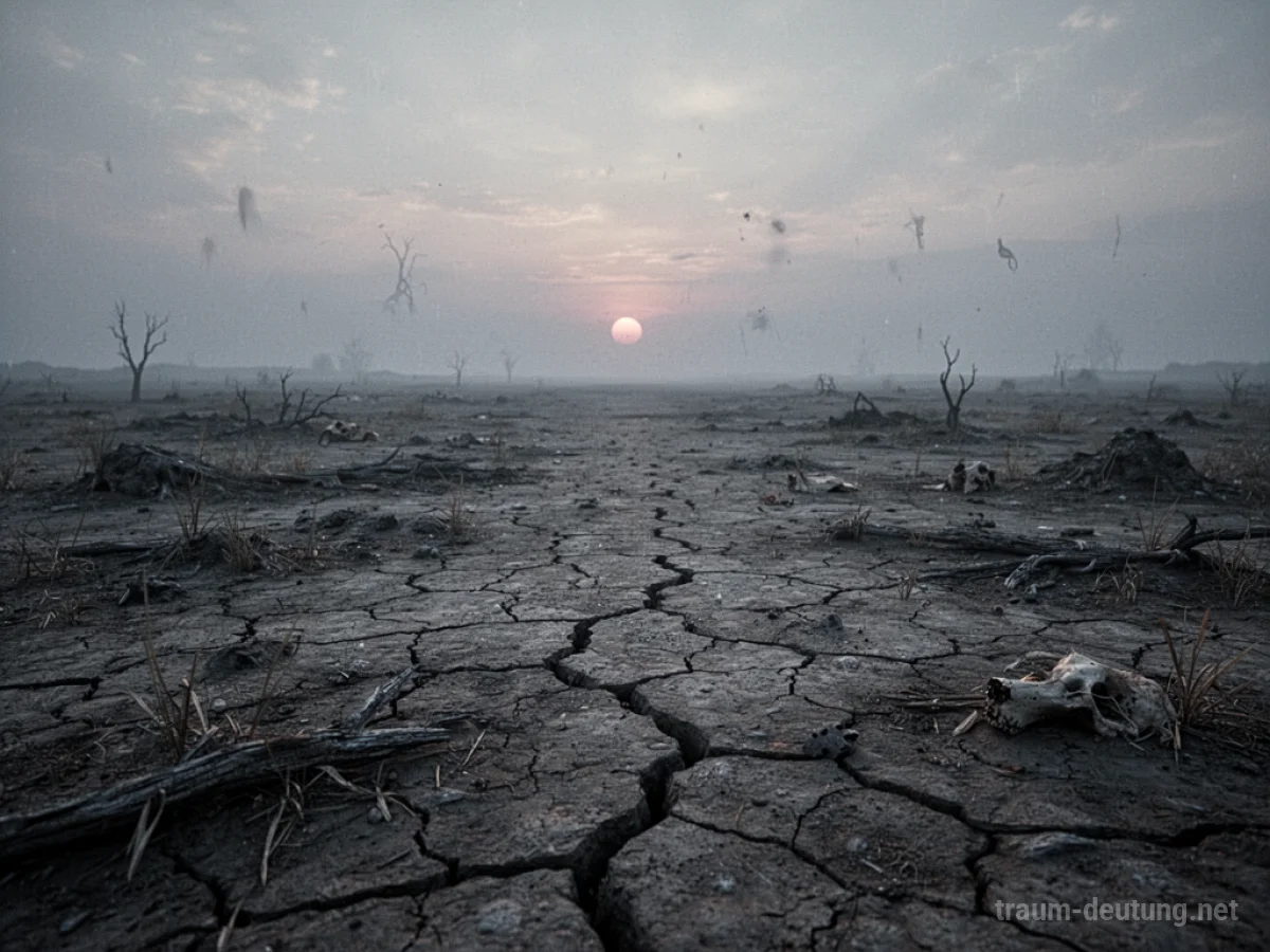 Verwüstete Landschaft mit rissigem Boden und schwachem Licht, das eine sterbende Welt symbolisiert.
