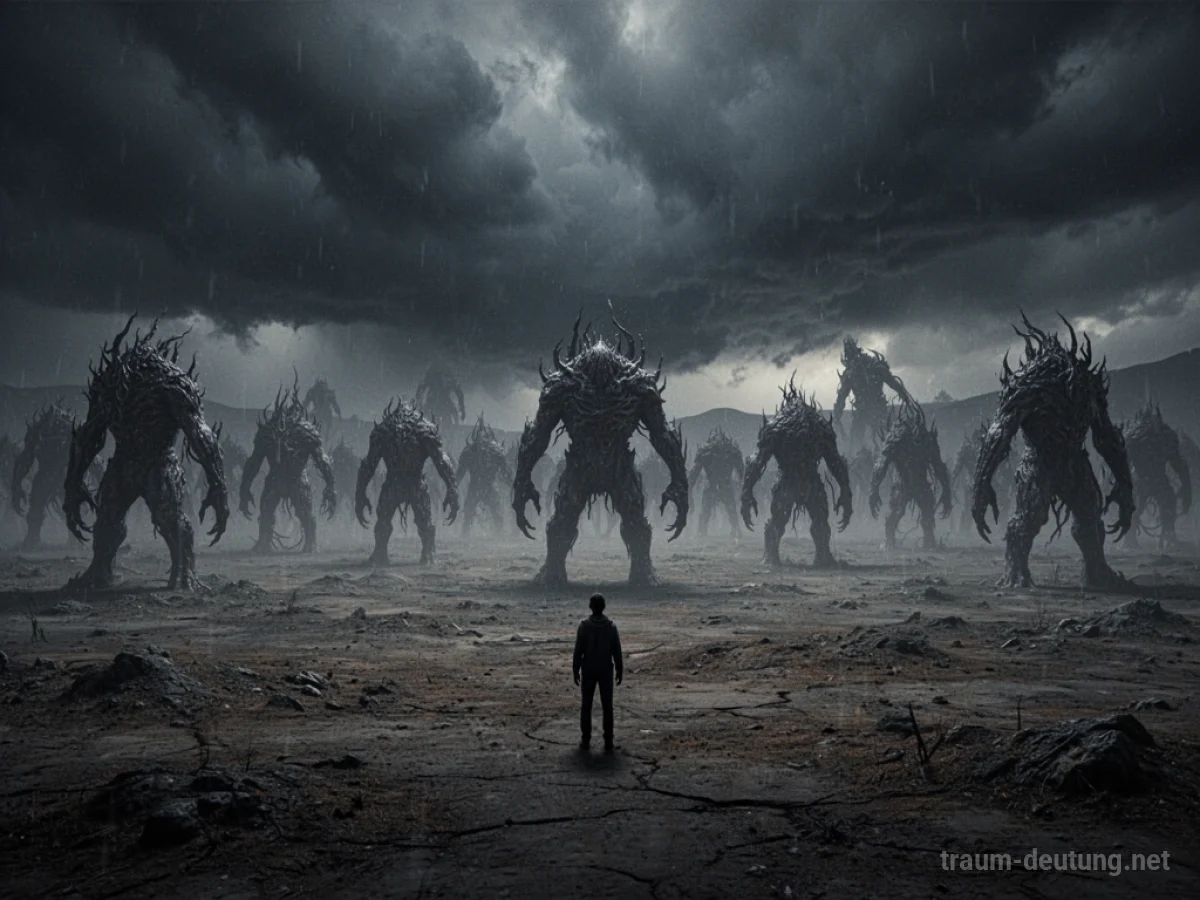 Eine einzelne Figur steht einer Welt voller bedrohlicher Schattenmonster gegenüber.