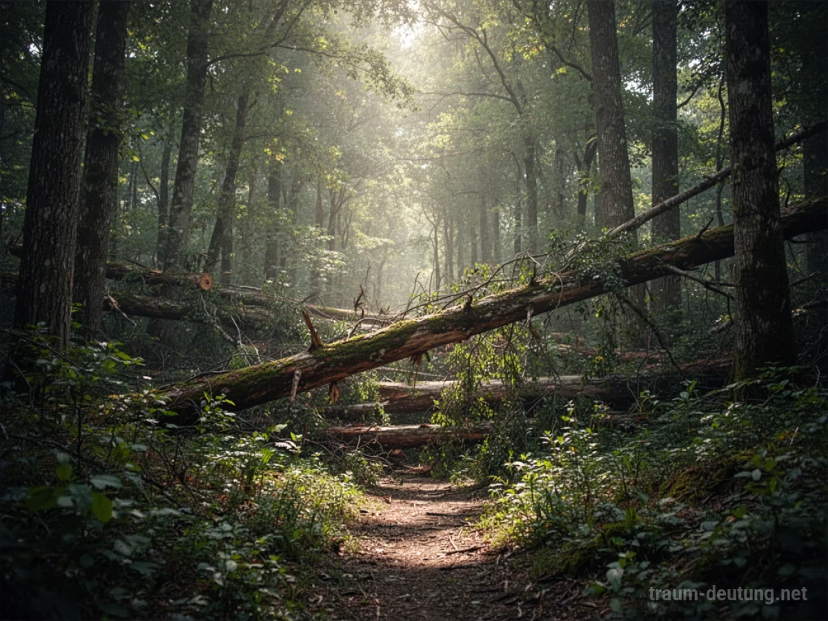 Ein dichter Wald mit einem von umgestürzten Bäumen blockierten Weg