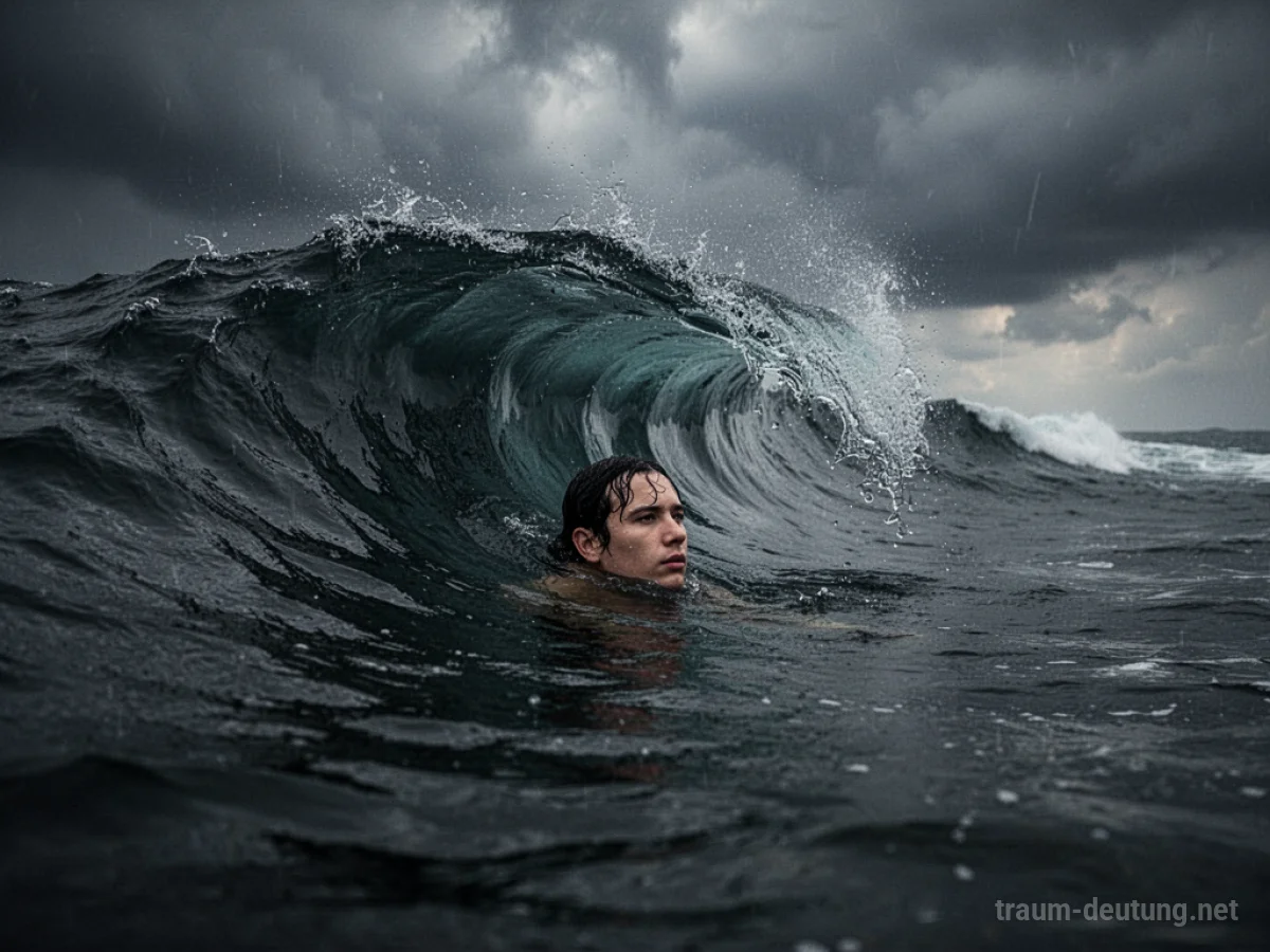 Person kämpft gegen eine riesige Welle im stürmischen Meer.