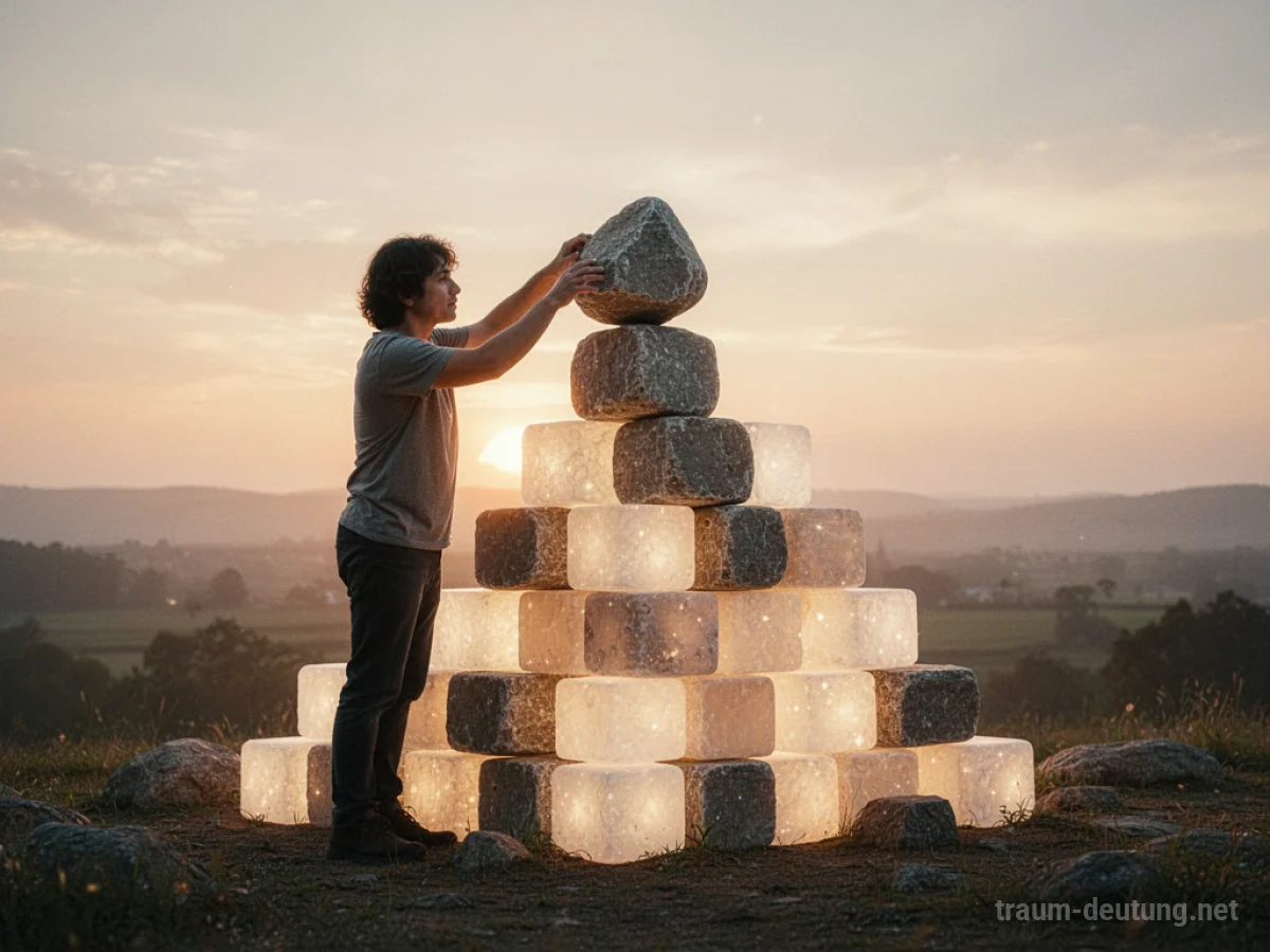 Person baut eine neue Welt aus leuchtenden Bausteinen im sanften Licht eines Sonnenaufgangs.
