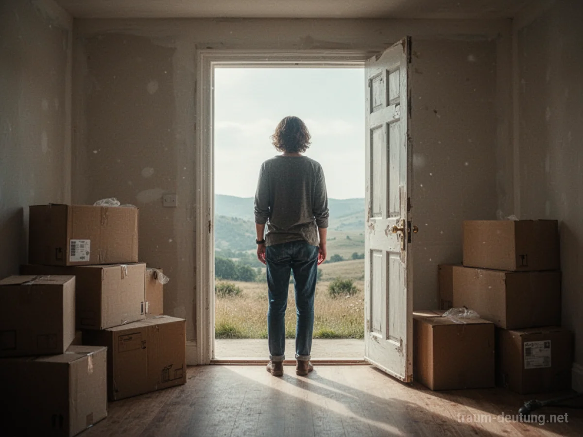 Person blickt von der Türschwelle einer Wohnung in eine helle Landschaft, Umzugskartons sind sichtbar.