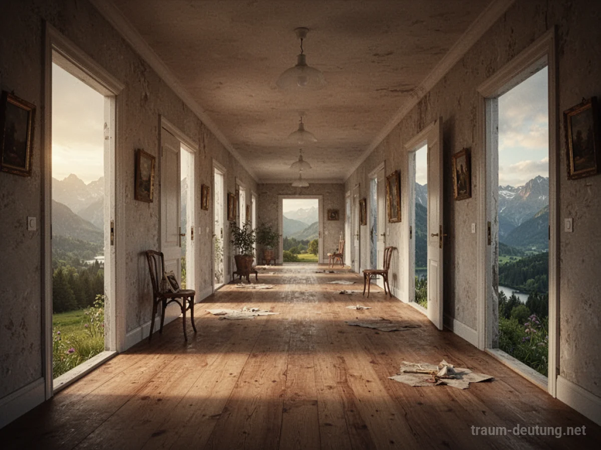 Eine riesige Wohnung mit mehreren Türen, die in verschiedene Landschaften führen