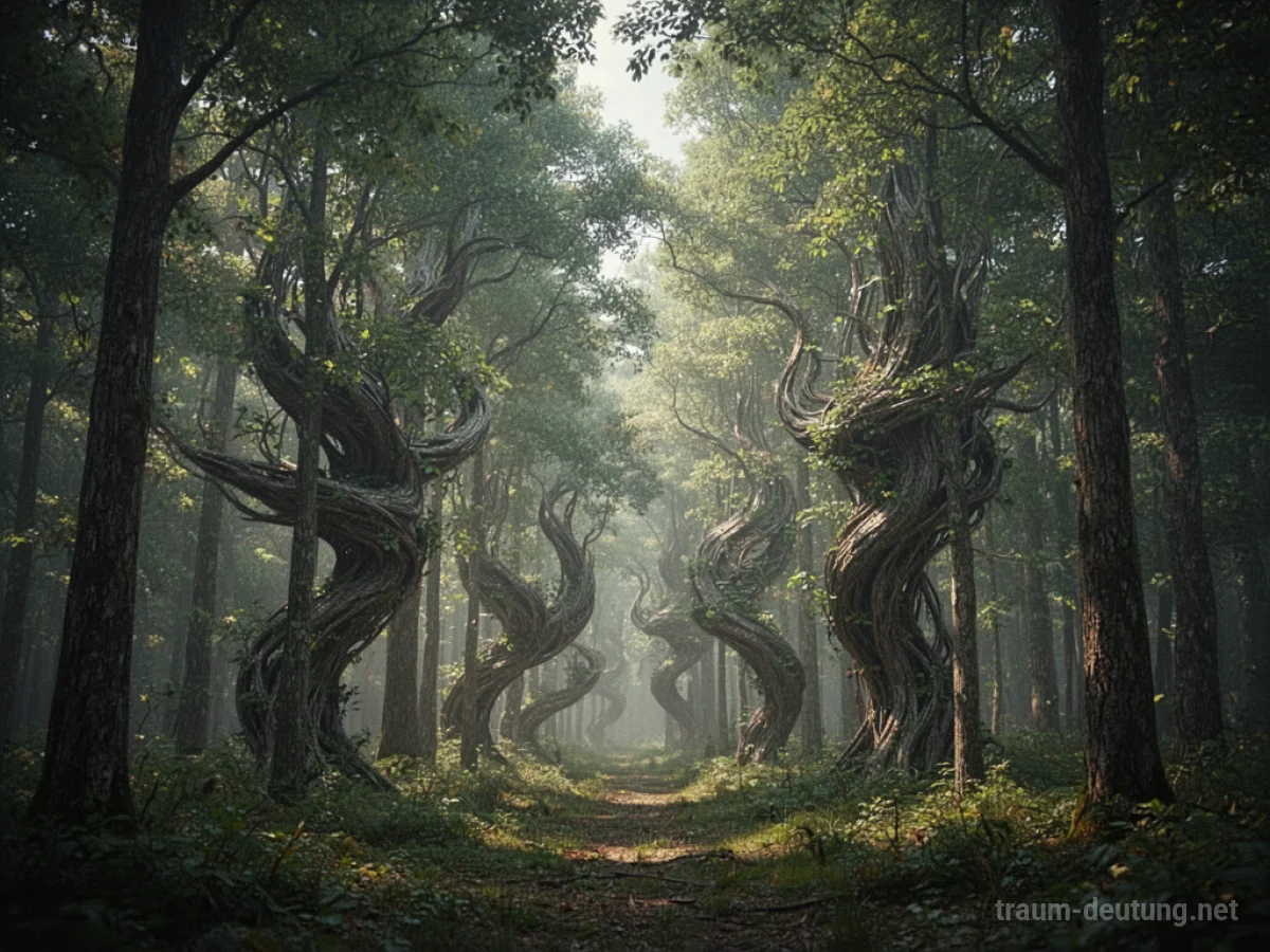 Ein Wald, dessen Bäume sich langsam in abstrakte Formen verwandeln, mit Lichtstrahlen, die durch die Blätter fallen.