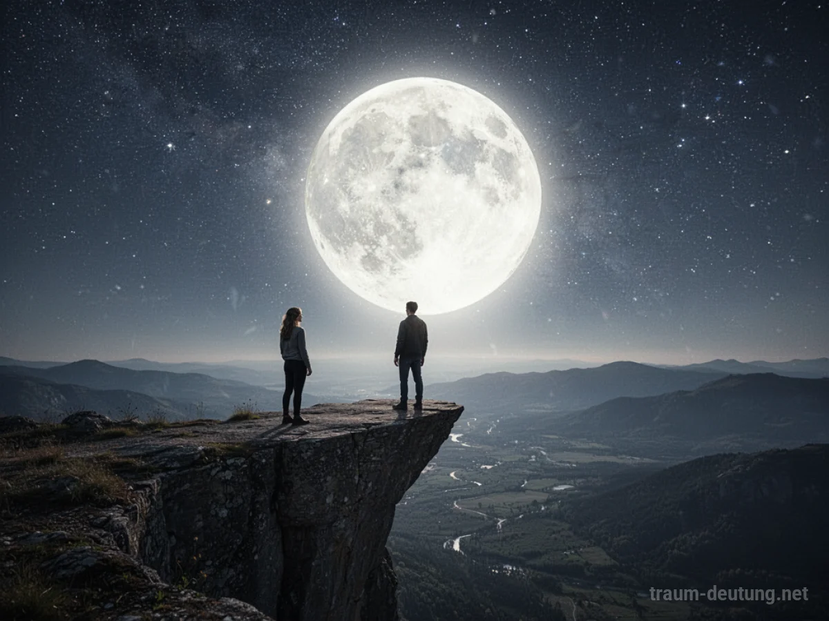 Ein Mensch steht auf einer Klippe und blickt zu einem riesigen, unmöglichen Mond am Sternenhimmel.