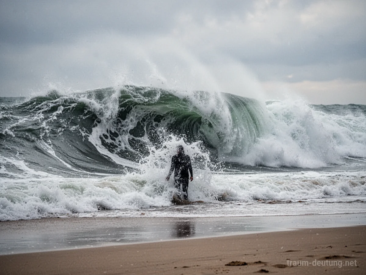 Person steht am Strand, während eine große Welle über sie hereinbricht.