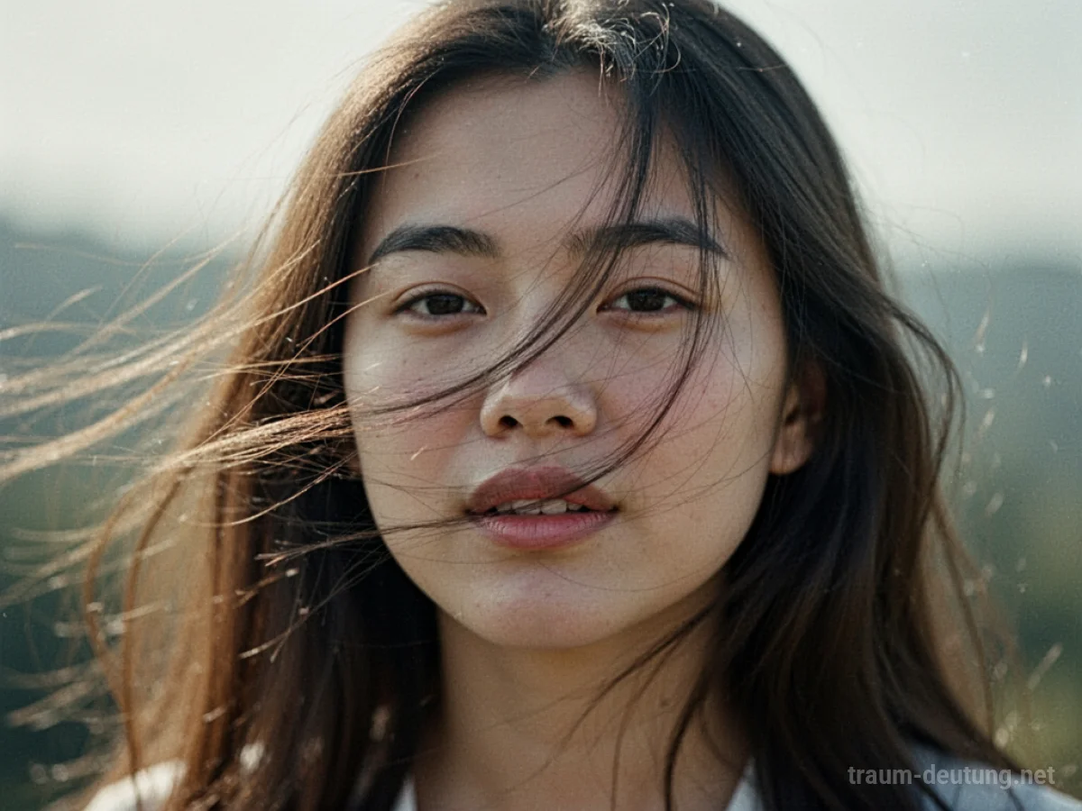 Wind weht Haare ins Gesicht einer Person