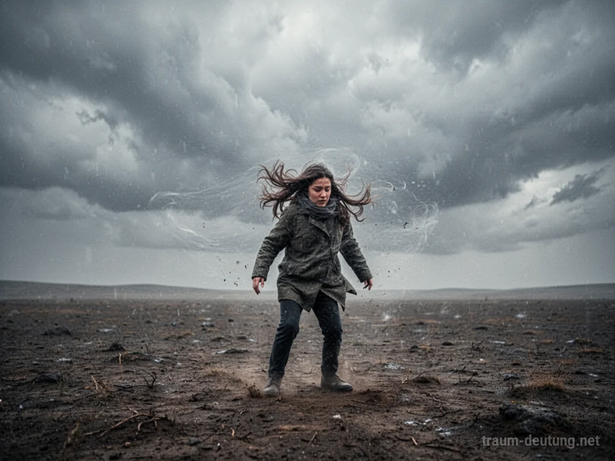 Person taumelt im Sturm, während starker Wind sie umweht