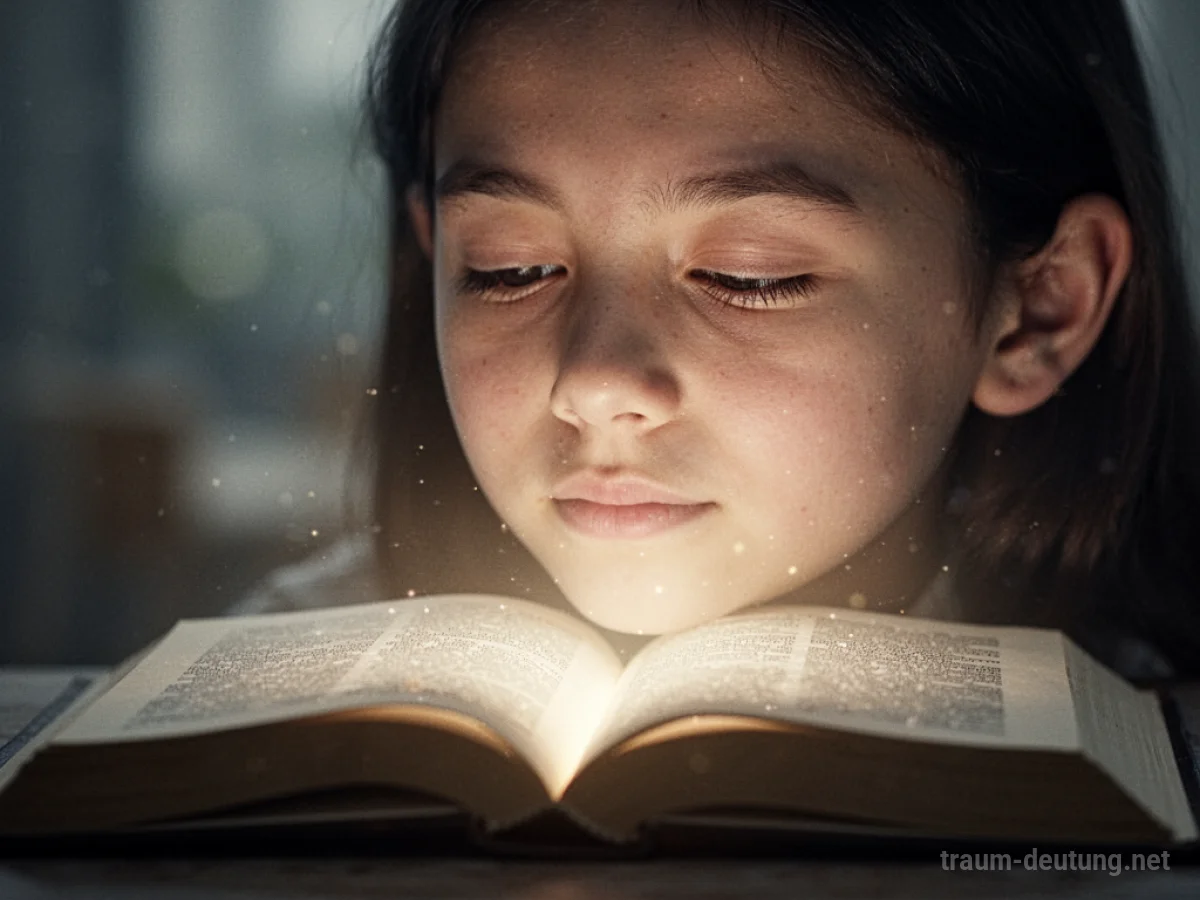 Leuchtendes Wissen strahlt aus einem offenen Buch auf ein ruhiges Gesicht.