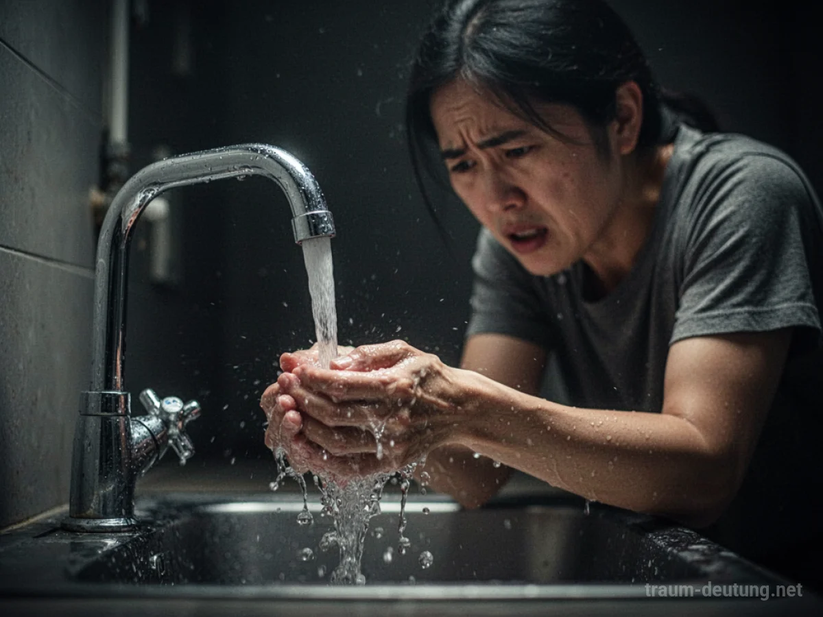 Person wäscht sich unaufhörlich die Hände unter einem Wasserhahn, mit besorgtem Gesichtsausdruck.
