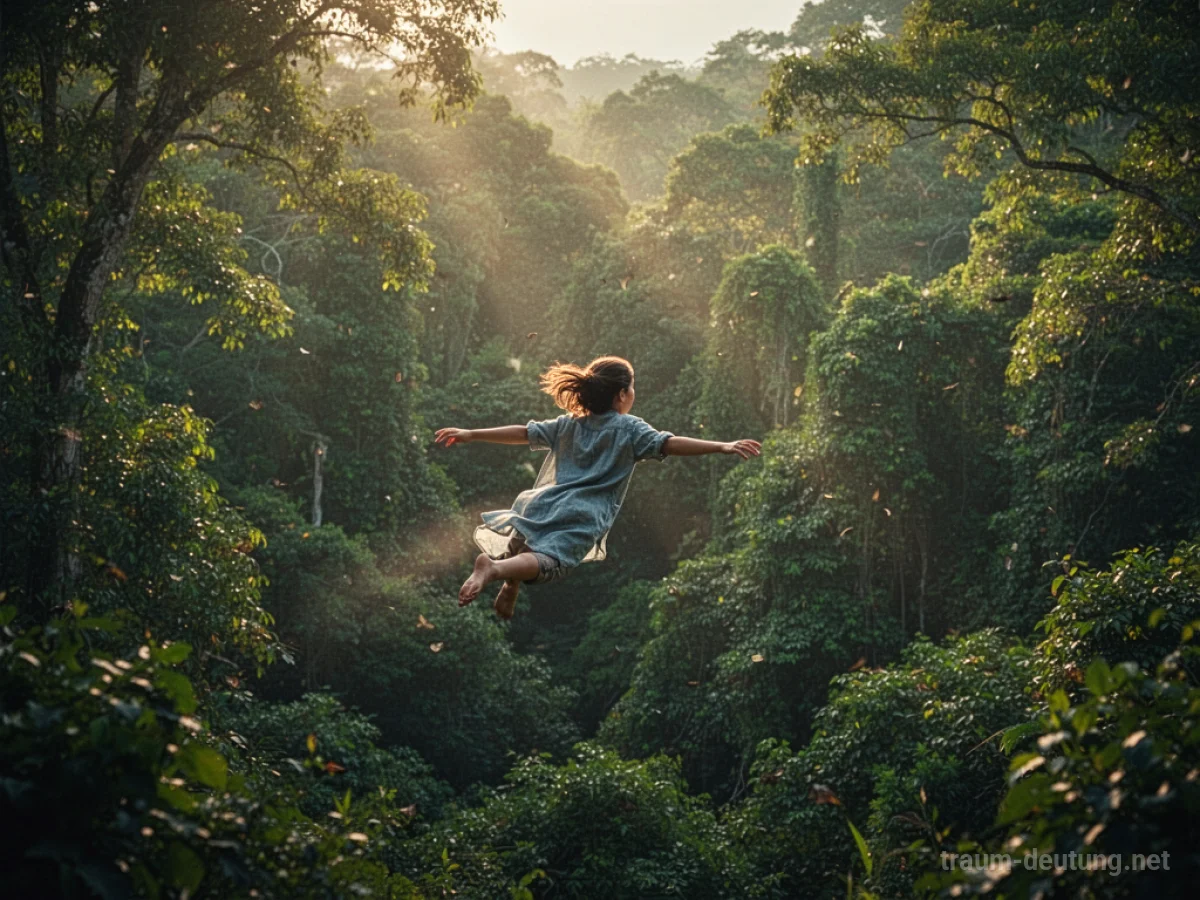 Person fliegt über einem dichten, grünen Wald.