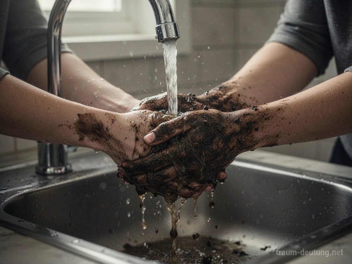Hände, die unter fließendem, schmutzigem Wasser gewaschen werden, aber dennoch schmutzig bleiben.