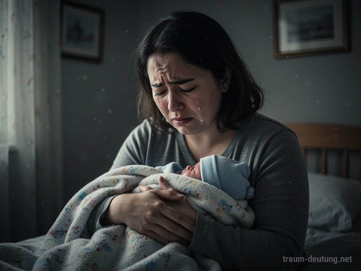 Person weint sanft um eine Babydecke in einem schwach beleuchteten Raum.