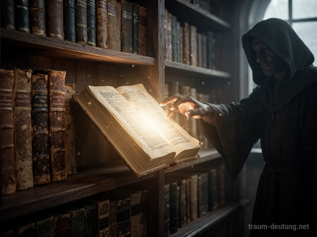 Eine alte Bibliothek mit einem leuchtenden Buch, das von einer Schattenfigur angestrebt wird.