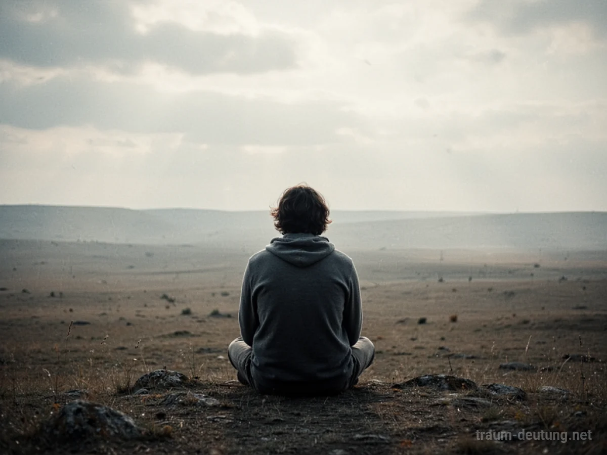 Eine Person sitzt allein und blickt in eine weite, leere Landschaft.