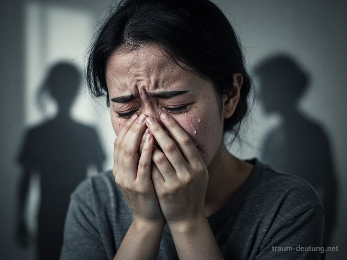 Person weint leise, Schatten im Hintergrund deuten auf Verrat hin