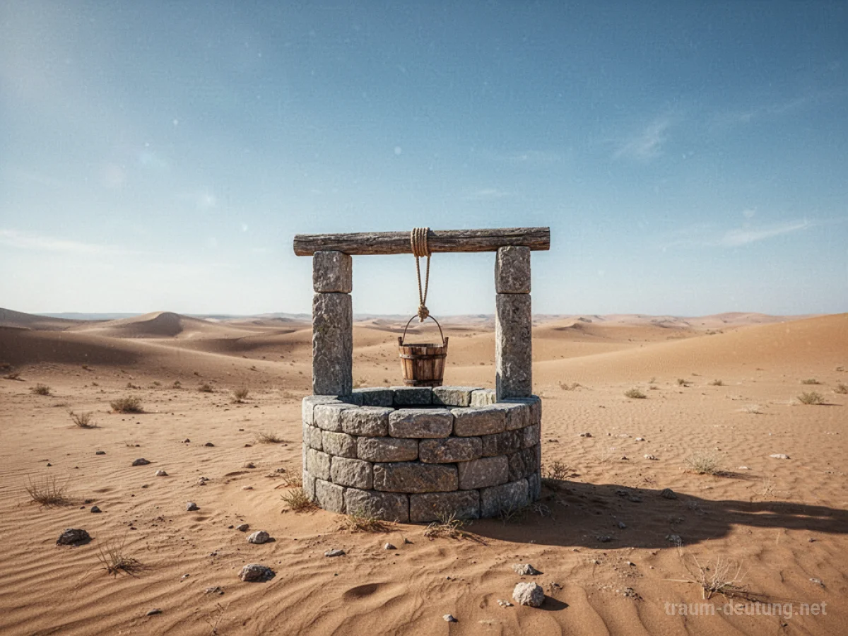 Ein alter Steinbrunnen steht verlassen in einer weiten Sandwüste.