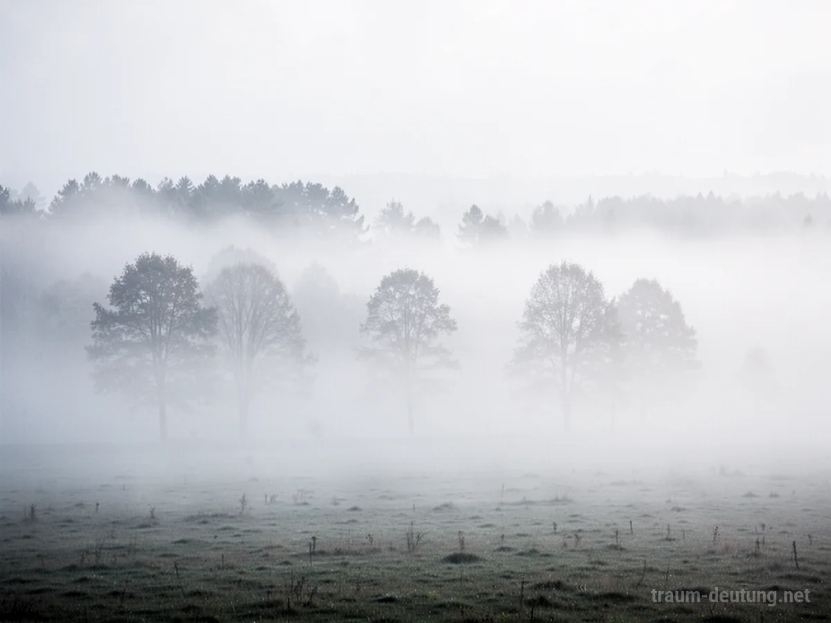 Dichter Nebel bedeckt eine Landschaft, Bäume sind nur schemenhaft erkennbar.