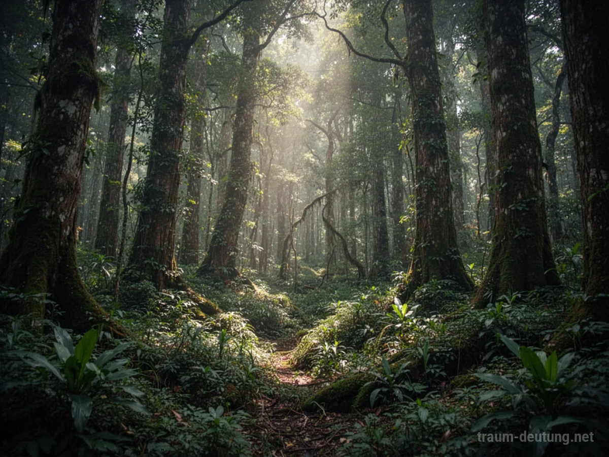 Ein dichter, alter Wald mit hohen Bäumen und Unterholz, durch das Sonnenlicht fällt.
