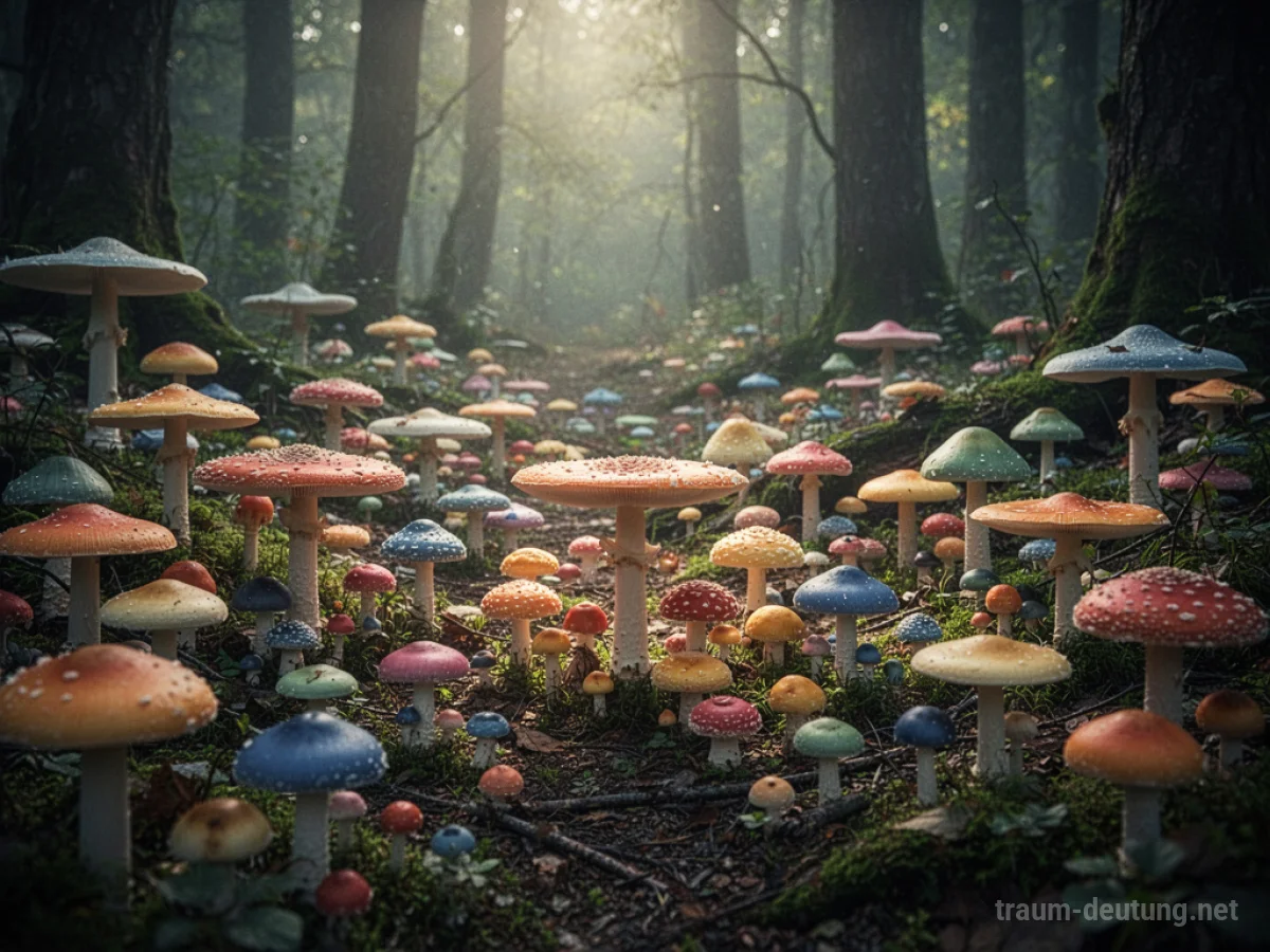 Ein dichter Wald voller verschiedenfarbiger Pilze im Schein von Sonnenstrahlen.