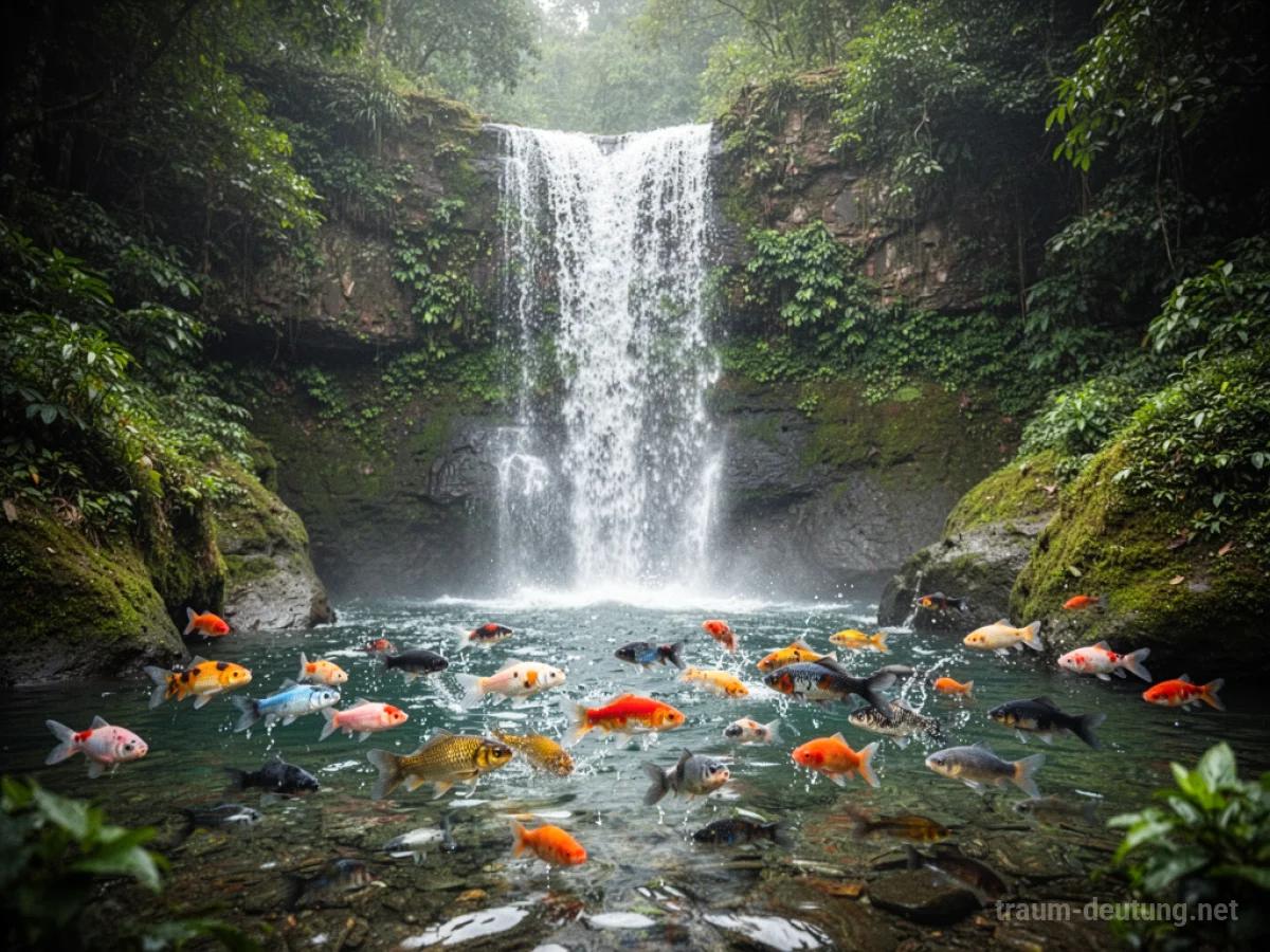 Bunter Wasserfall mit vielen Fischen, die im klaren Wasser schwimmen