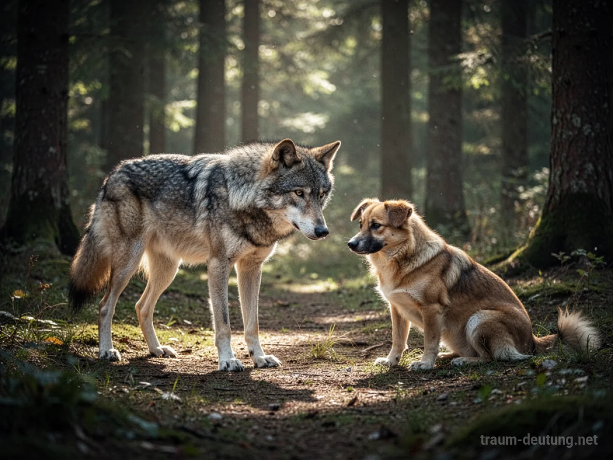 Ein Wolf und ein Hund stehen sich in einem sonnendurchfluteten Wald gegenüber.