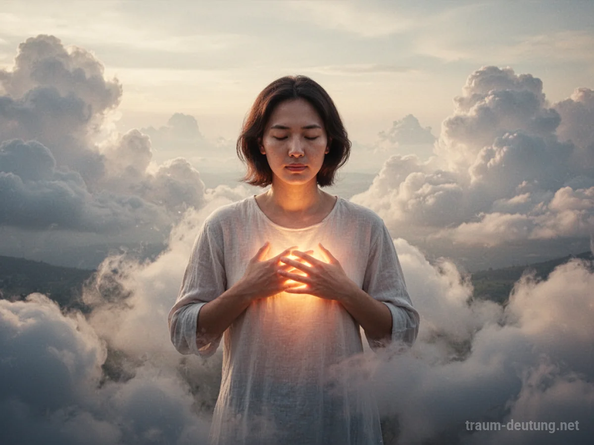 Eine Person, aus deren Brust warmes Licht strahlt, in einer ruhigen Landschaft.
