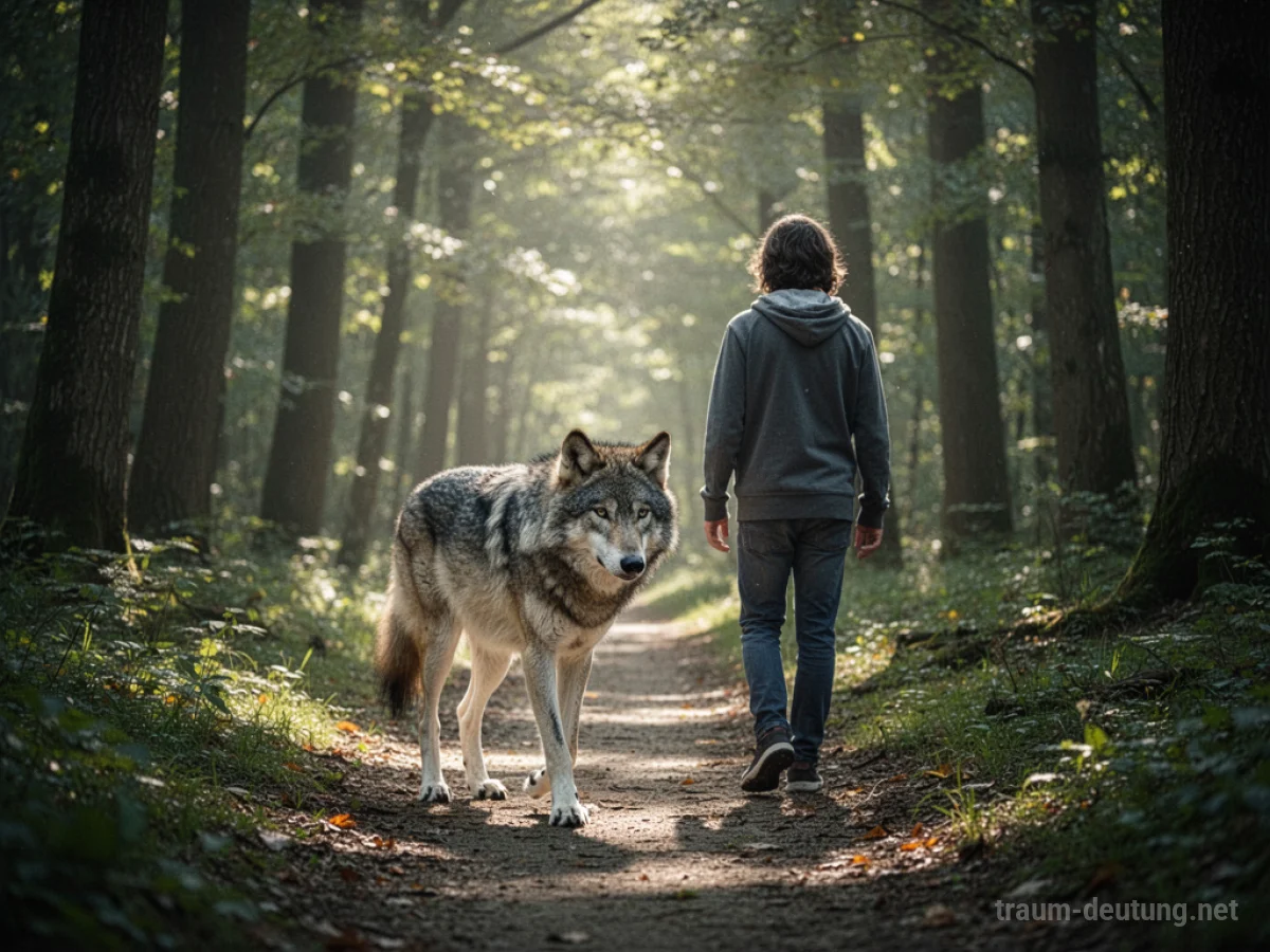 Ein Wolf geht friedlich neben einer Person auf einem Waldweg.