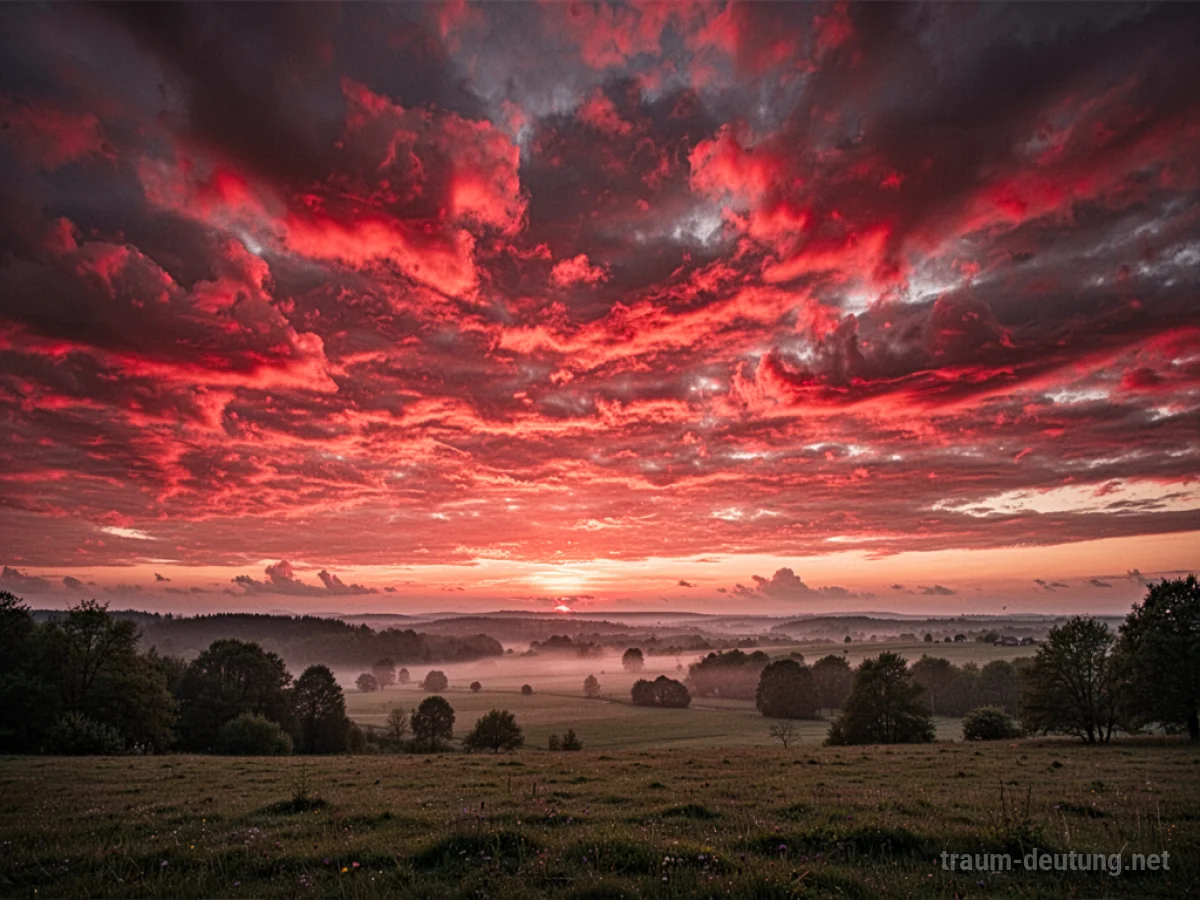 Rote Wolken am Abendhimmel über einer Landschaft