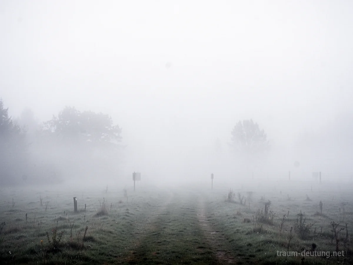 Dichter weißer Nebel, der eine Landschaft umhüllt und die Sicht einschränkt.