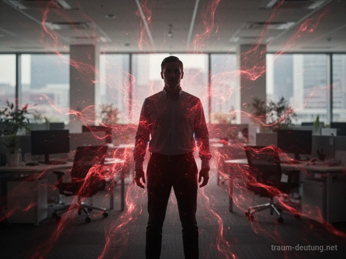 Eine Silhouette einer Person steht in einem Büro, umgeben von aufwallender roter Energie.
