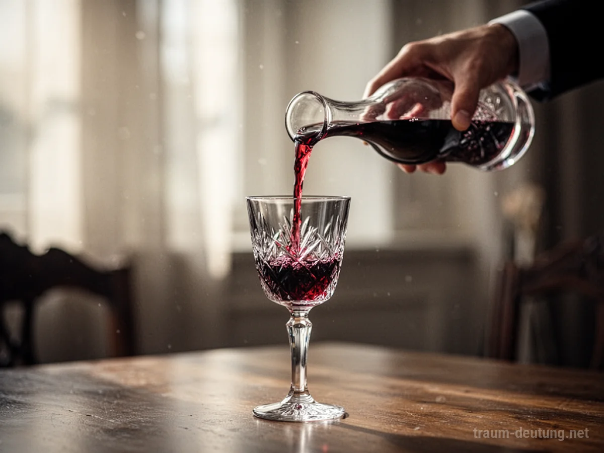 Hand schenkt Rotwein aus einer Karaffe in ein Glas ein