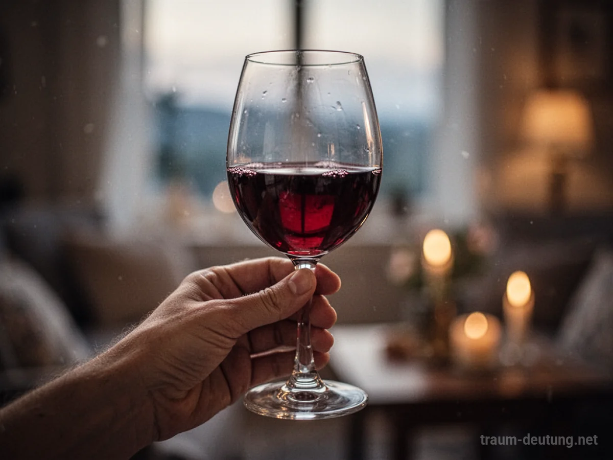 Ein Glas Rotwein in einer Hand, im Hintergrund verschwommen.