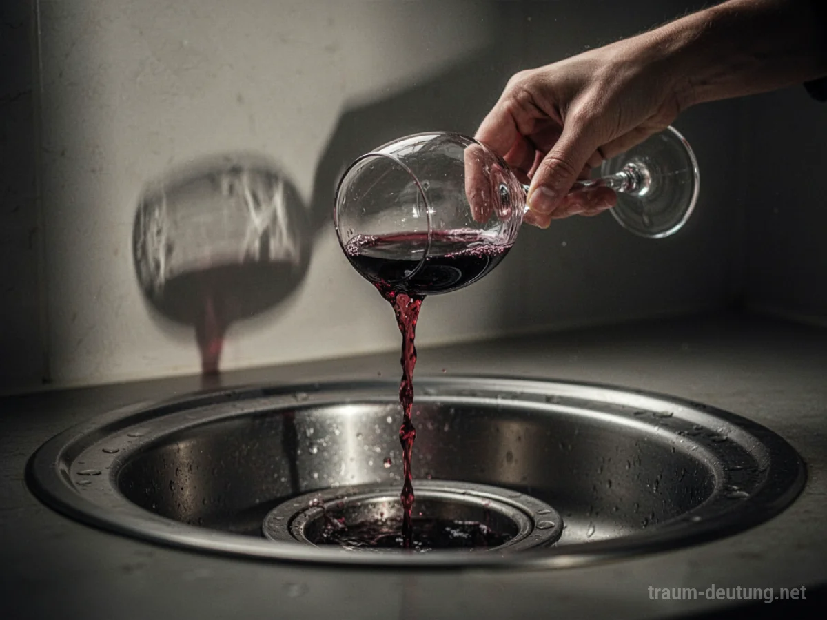 Hand schüttet Rotwein aus einem Glas in einen Abfluss.