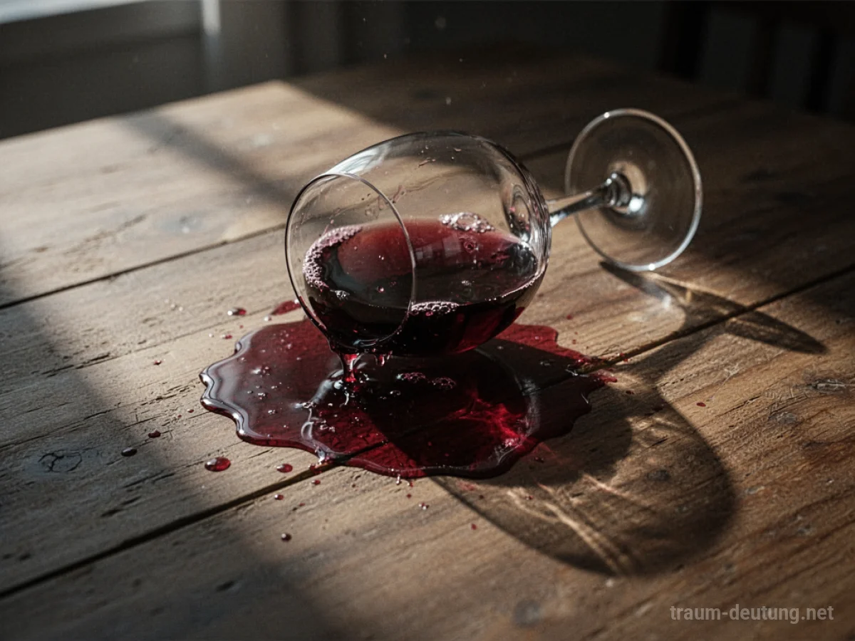 Ein Weinglas, das Rotwein auf einen Holztisch verschüttet.