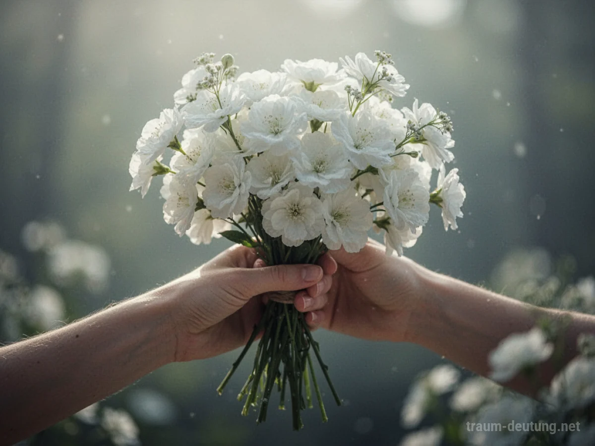 Eine Hand reicht einen Strauß weißer Blumen, umgeben von sanftem Licht.