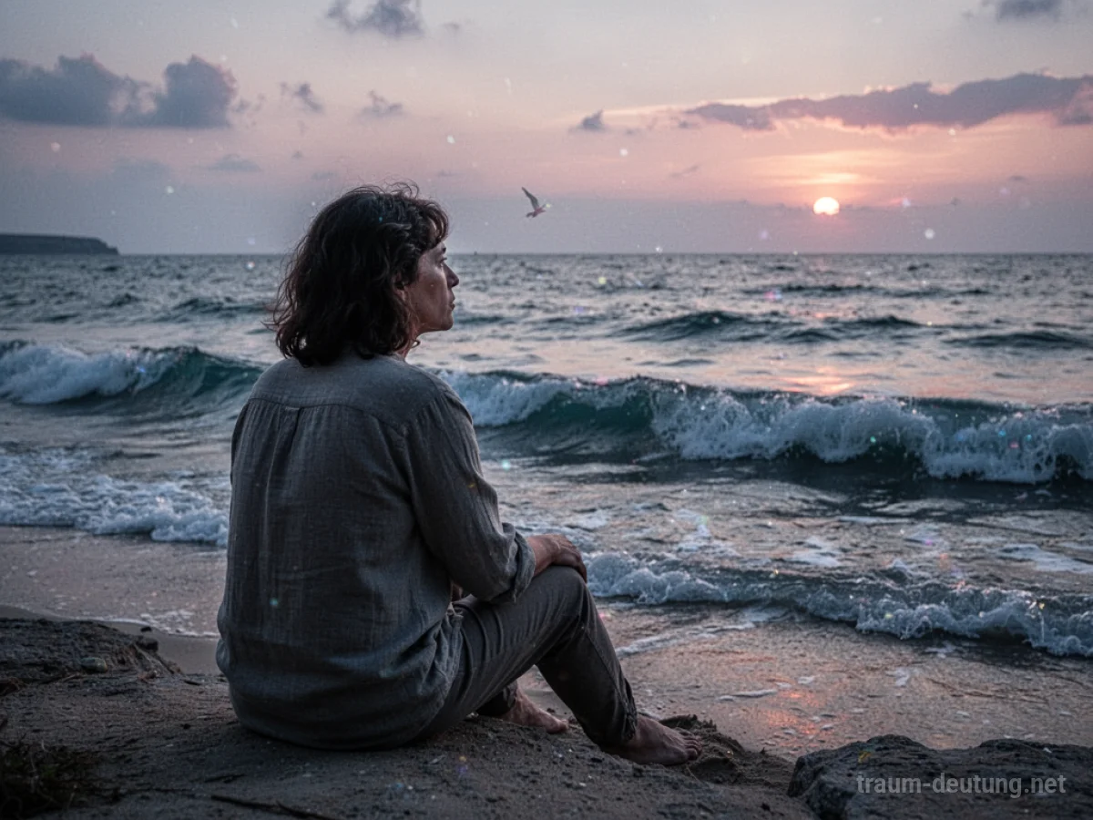 Eine Person sitzt am Abend am Meer und hört den Wellen zu.