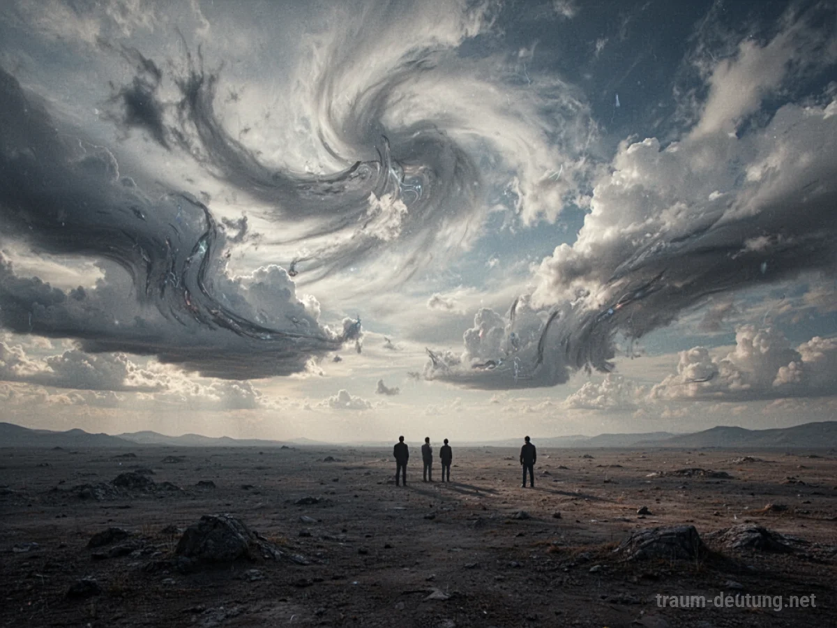 Silhouetten von Menschen stehen vor einem dramatischen Himmel, der einen Weltuntergang andeutet.