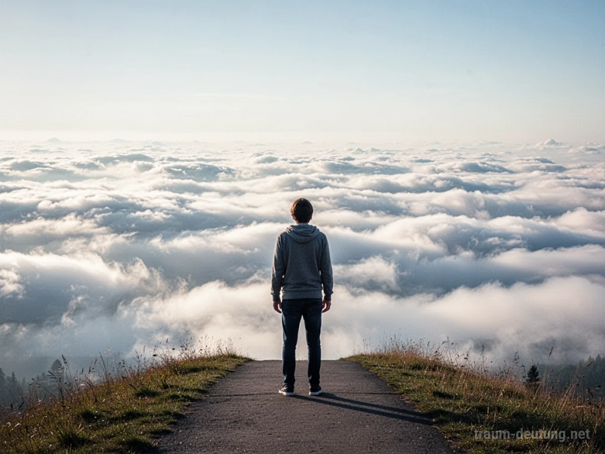 Mann steht am Rand eines Abgrunds und blickt auf ein Meer aus Wolken unter ihm.