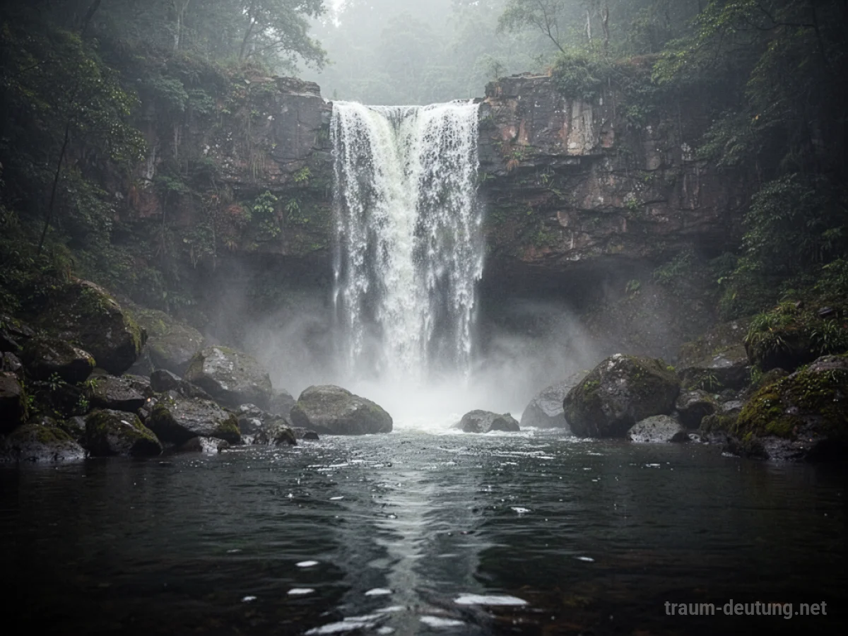 Trüber Wasserfall stürzt in dunkles Wasser, Nebel steigt auf.