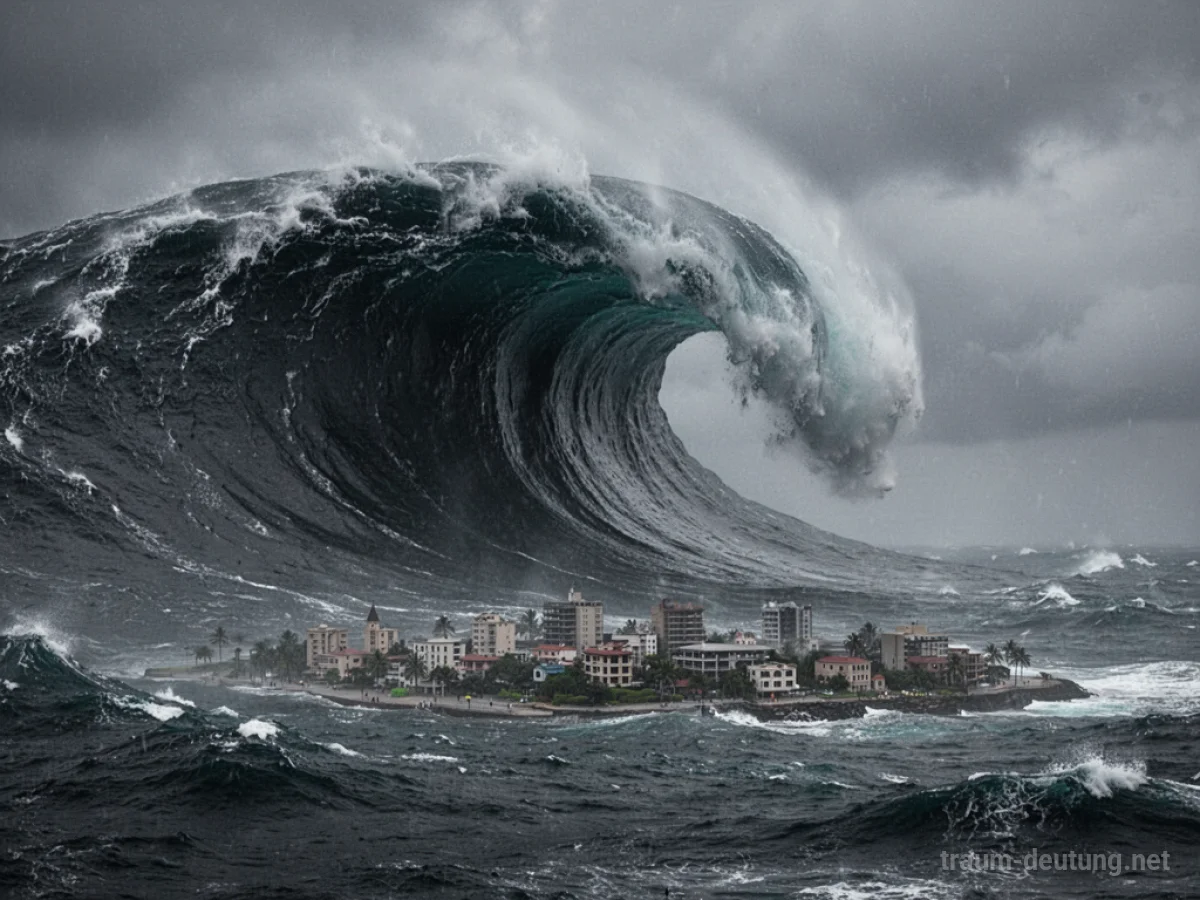 Eine riesige Tsunami-Welle nähert sich einer Stadt unter stürmischem Himmel.
