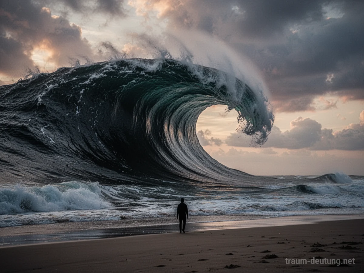 Eine riesige Tsunami-Welle nähert sich einer einzelnen Person am Strand.
