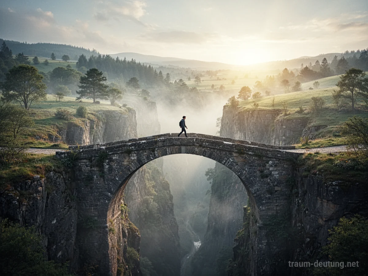 Eine Person wandert über eine alte Steinbrücke in eine sonnige Landschaft.