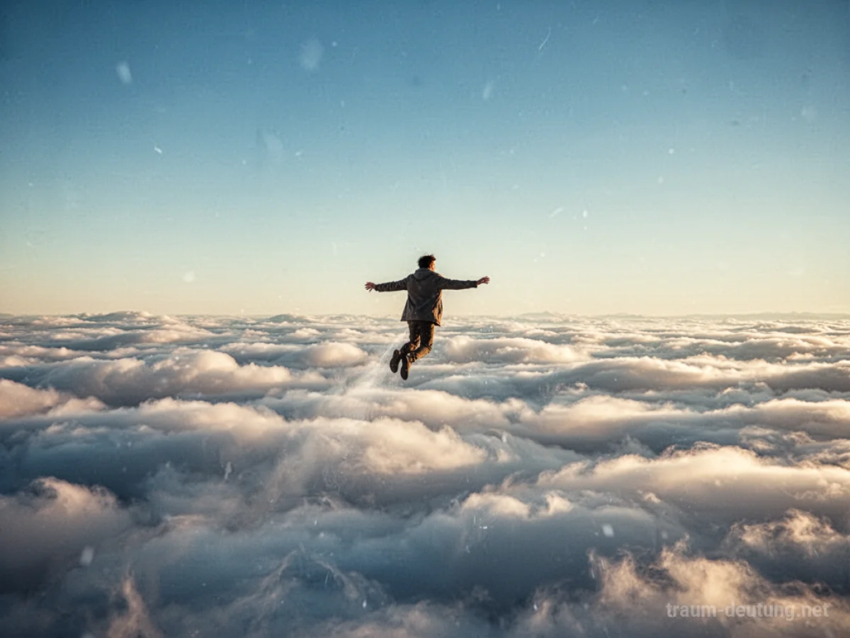 Mensch fliegt hoch über einer Wolkendecke im Sonnenschein